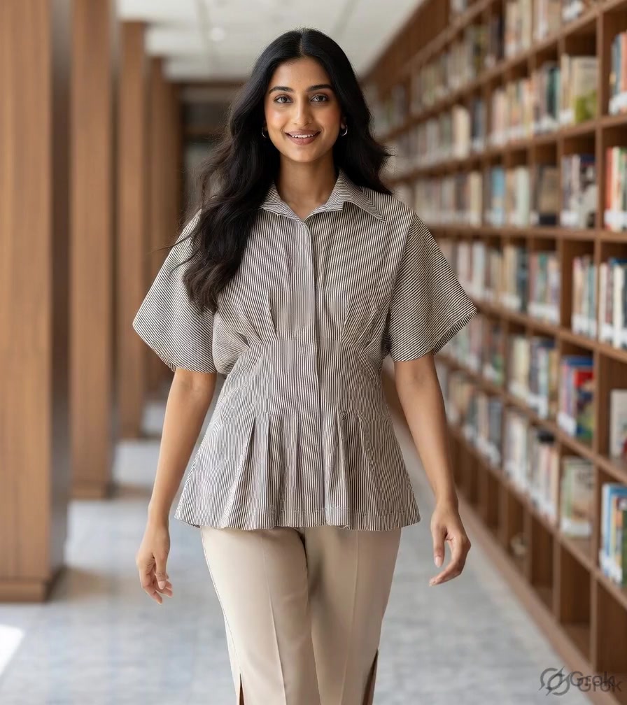 Brown Stripes Pleated Top