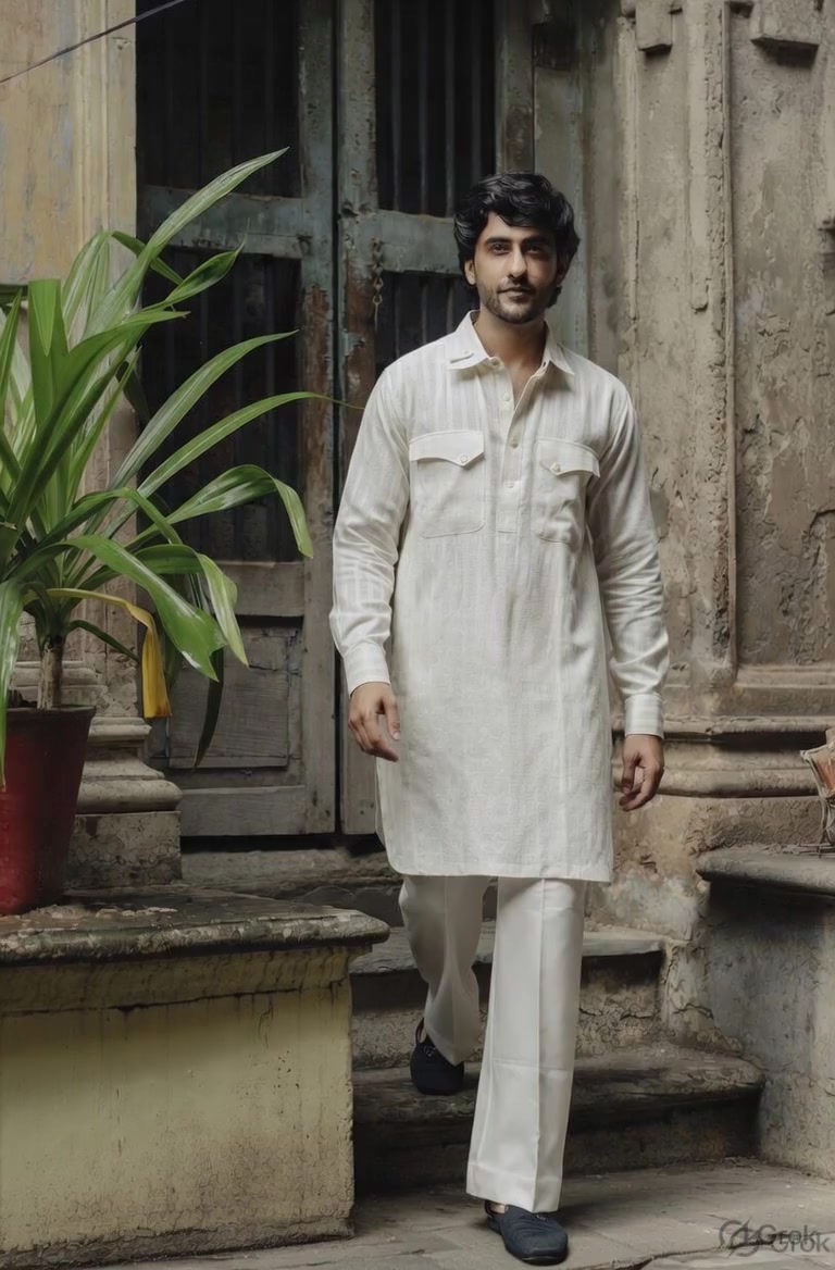 Off-white Square Weave Pathani Kurta