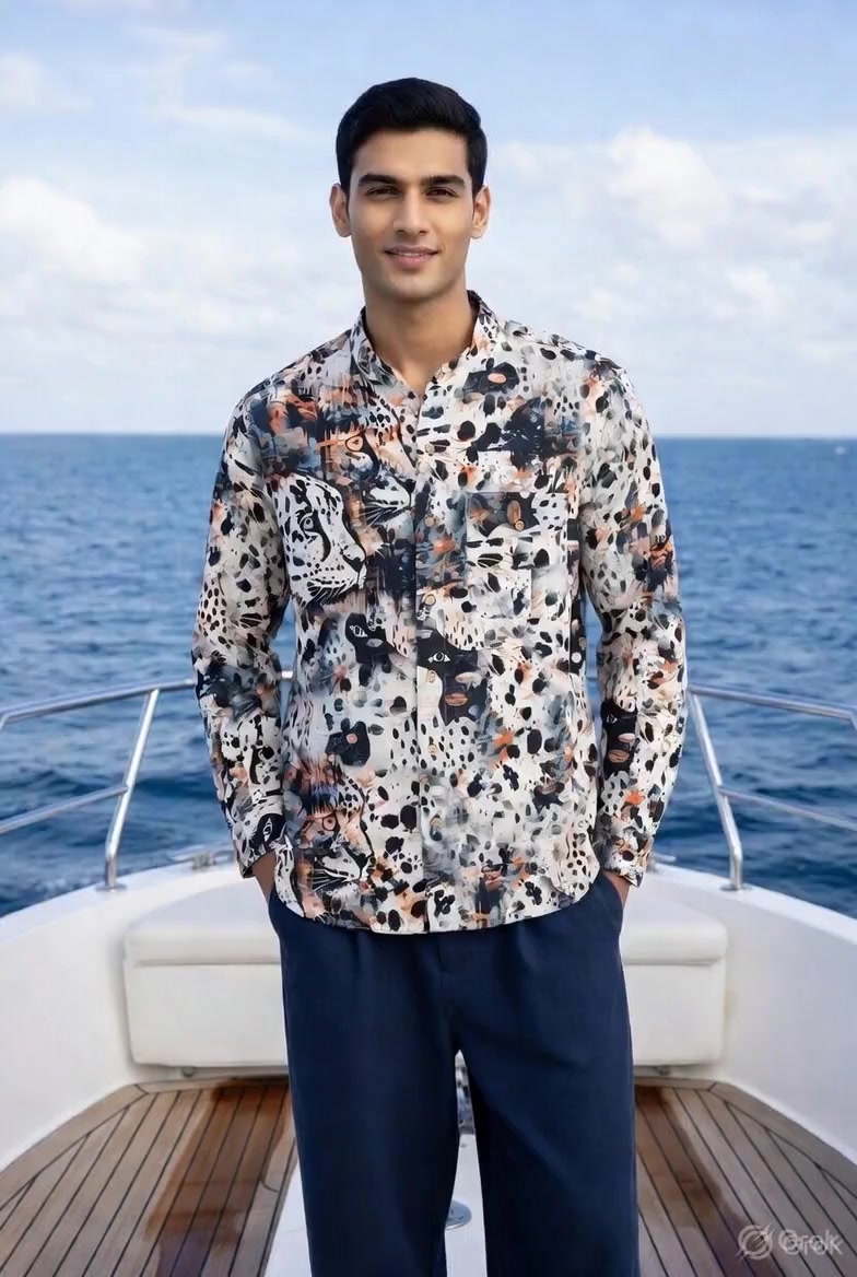 Indigo Leopard Stand Collar Shirt