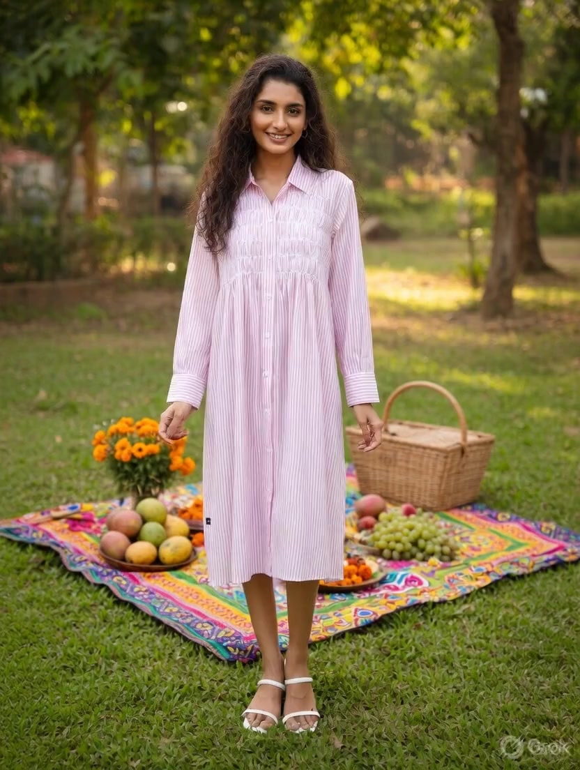 Pink Stripes Gathered Long Dress