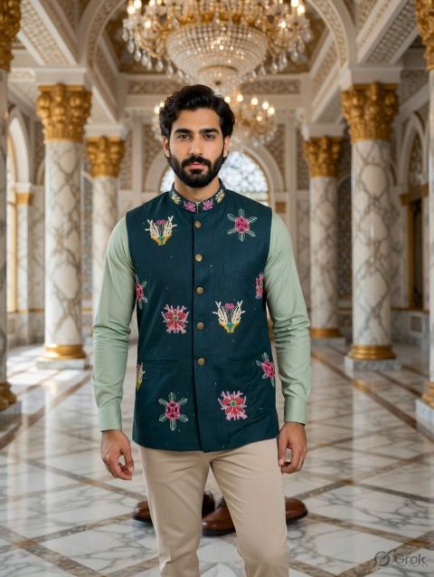 Green Butta Embroidered Waistcoat