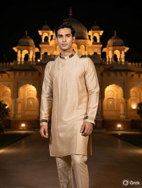 Beige geometric Embroidered Kurta