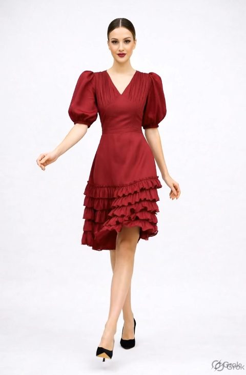 Maroon Frill Flared Dress