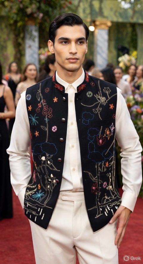 Dark Blue Landscape Embroidered Waistcoat