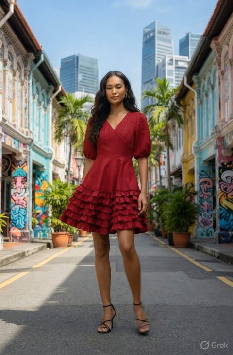 Maroon Frill Flared Dress