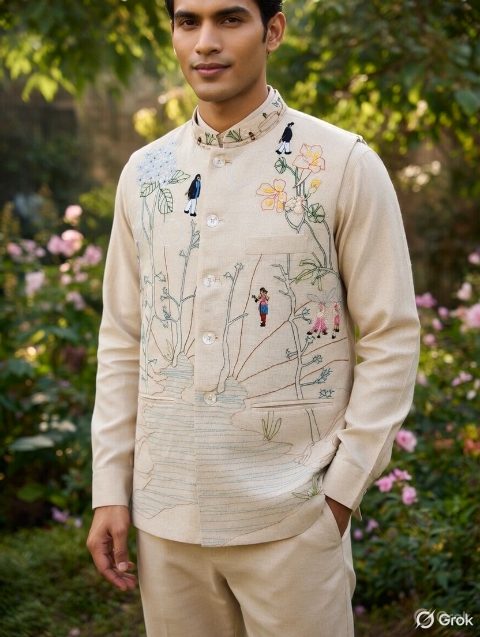 Beige Landscape Human Embroidered Waistcoat