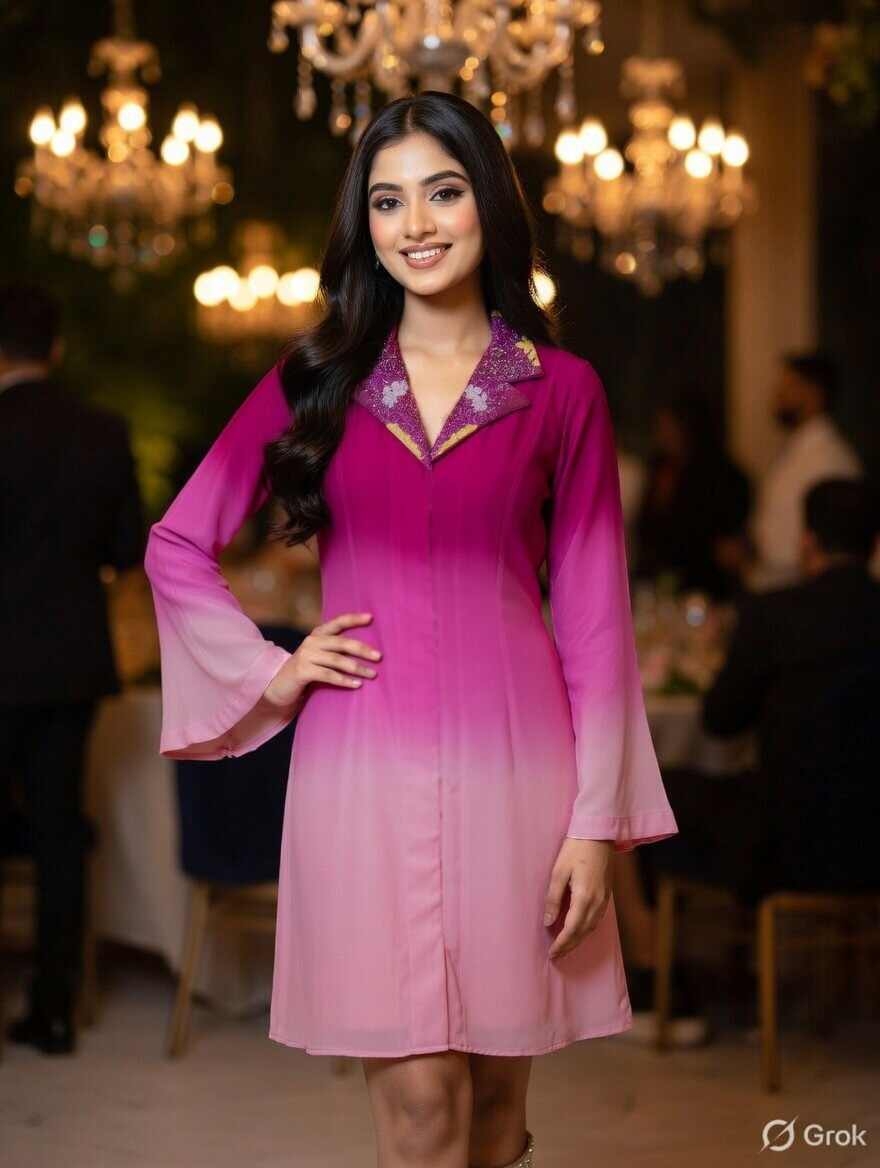 Pink Ombre Coller Embroidered Dress