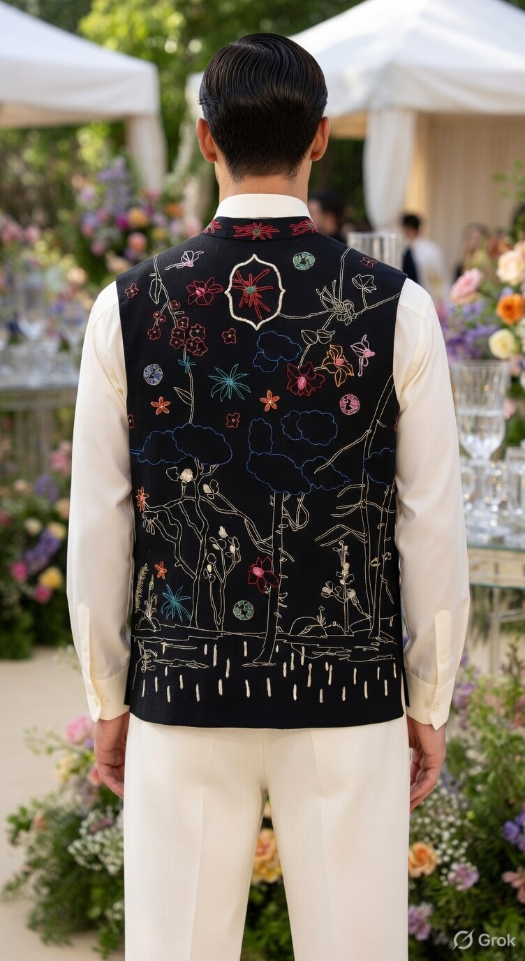Dark Blue Landscape Embroidered Waistcoat 2