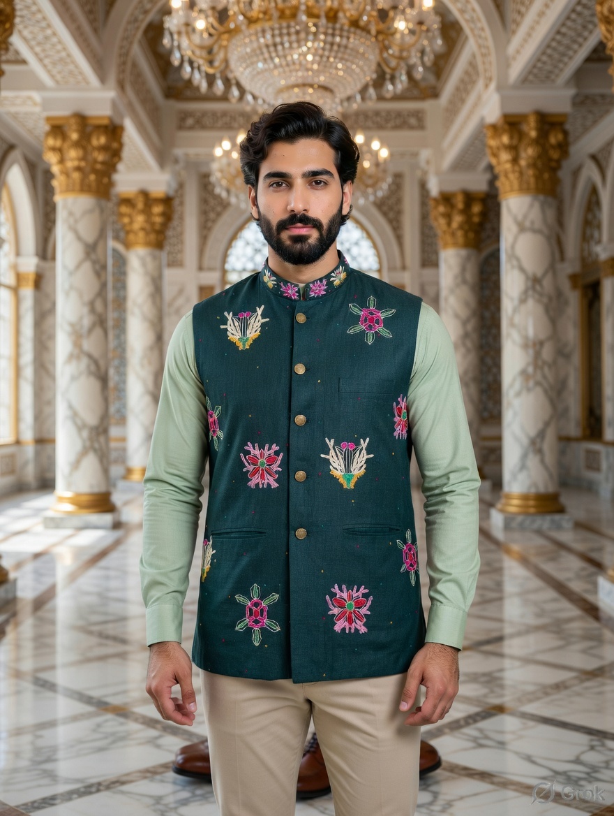 Green Butta Embroidered Waistcoat