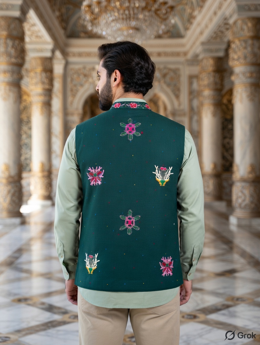 Green Butta Embroidered Waistcoat 2