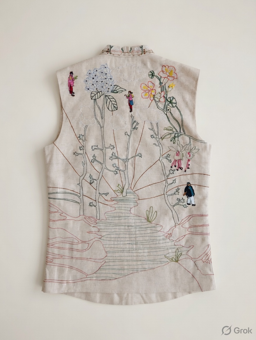 Beige Landscape Human Embroidered Waistcoat - cloth image 2