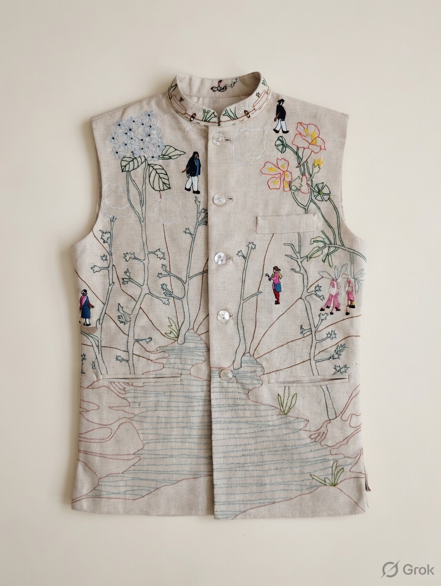 Beige Landscape Human Embroidered Waistcoat - cloth image 1