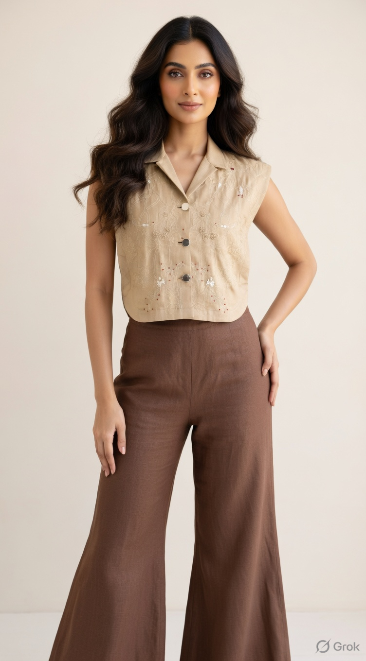 Camel Golden Pitta Embroidered Crop Shirt