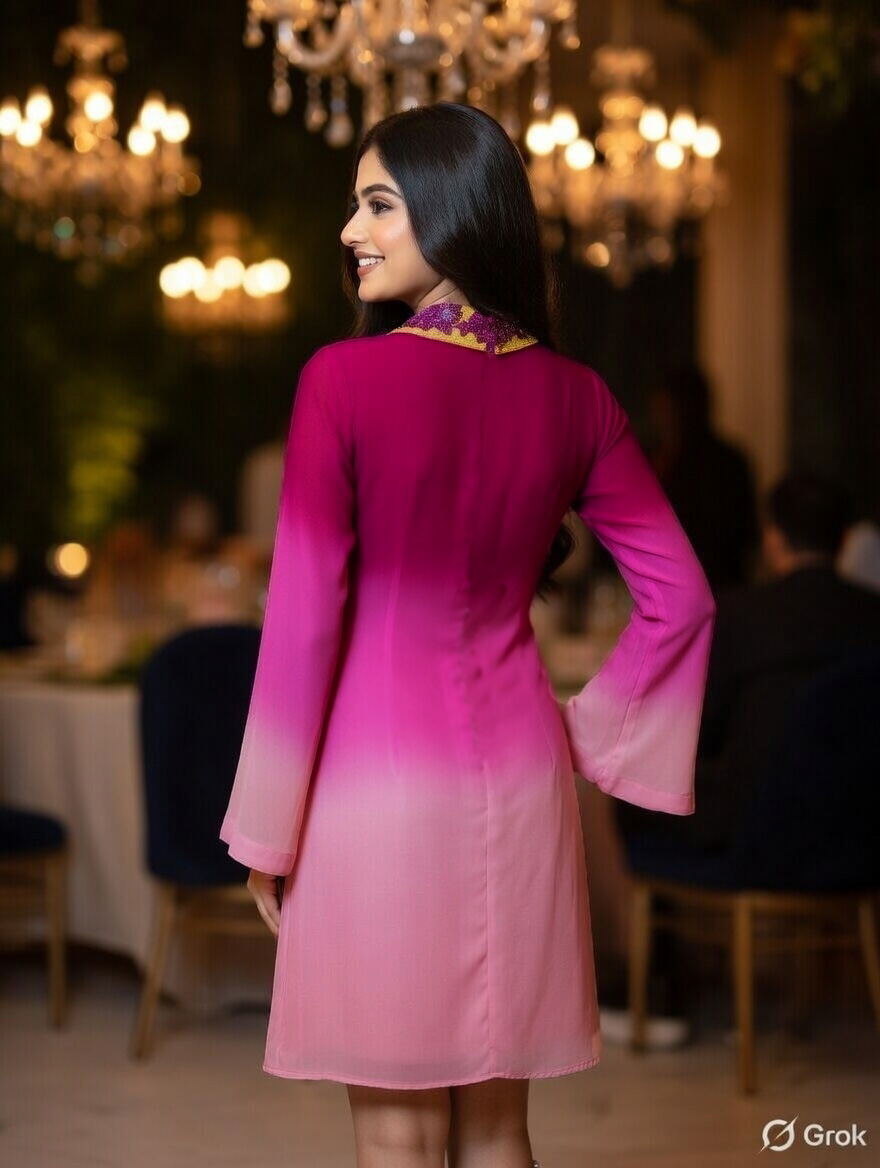 Pink Ombre Coller Embroidered Dress 2