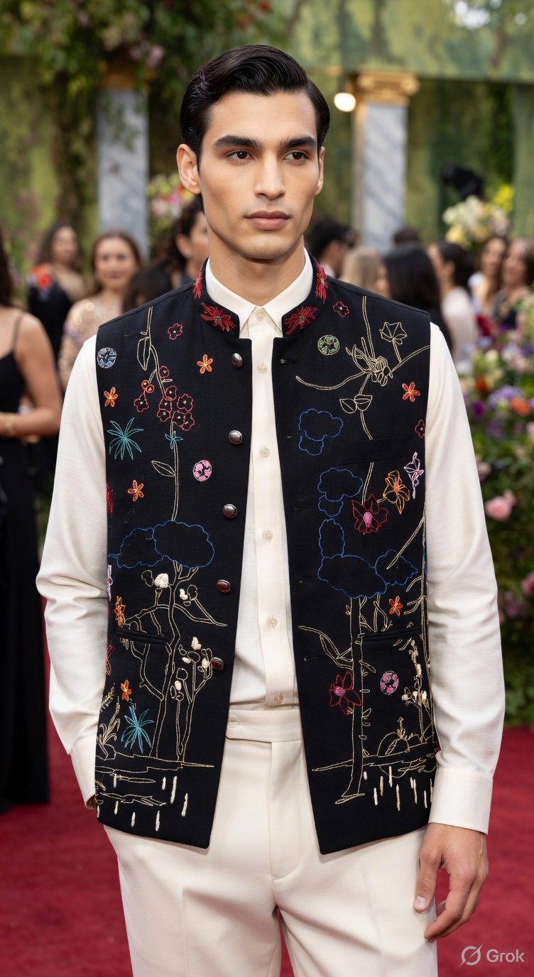 Dark Blue Landscape Embroidered Waistcoat