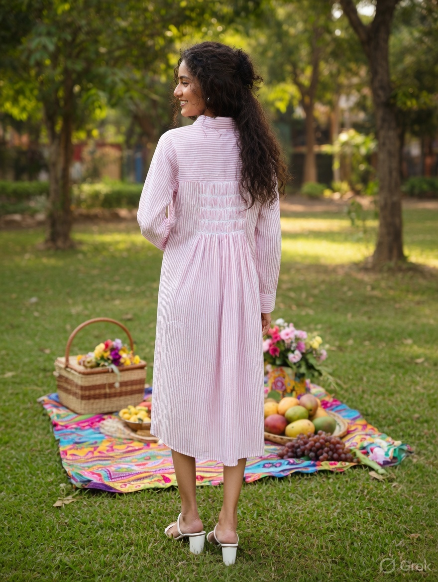 Pink Stripes Gathered Long Dress 2