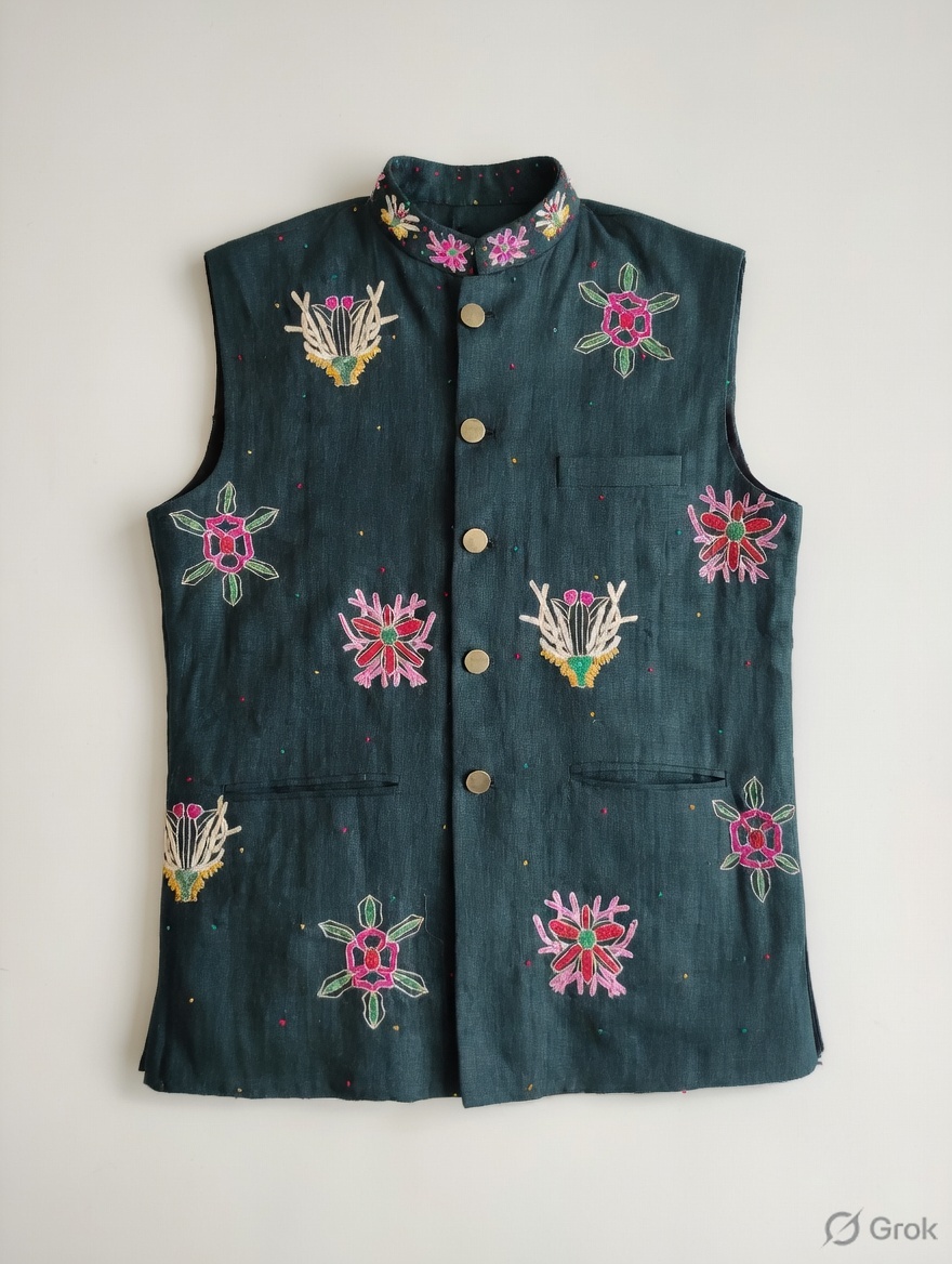 Green Butta Embroidered Waistcoat - cloth image 1