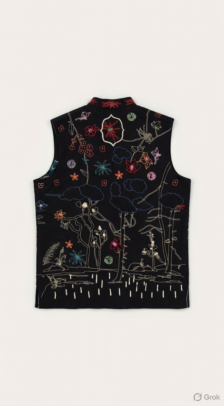 Dark Blue Landscape Embroidered Waistcoat - cloth image 2