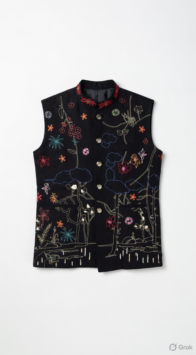 Dark Blue Landscape Embroidered Waistcoat - cloth image 1