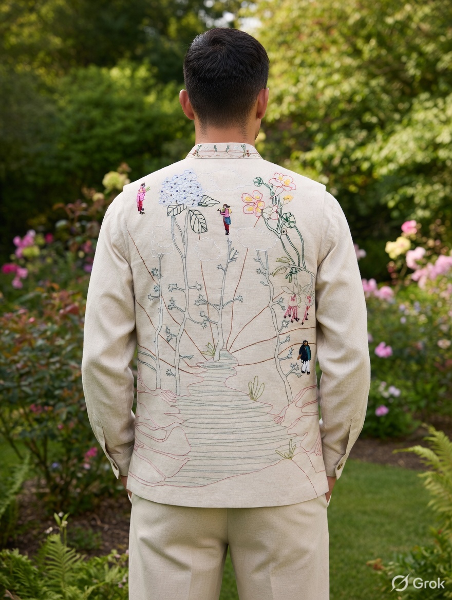 Beige Landscape Human Embroidered Waistcoat 2