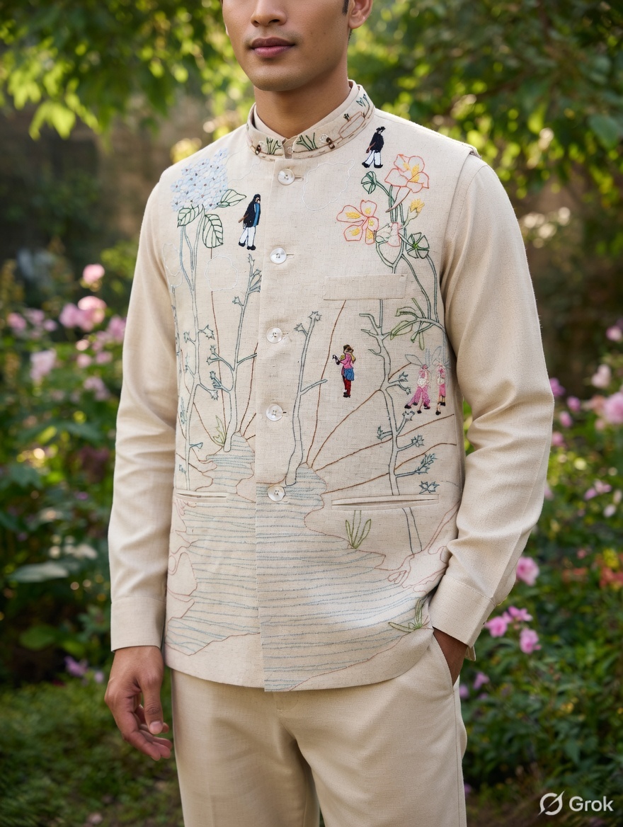 Beige Landscape Human Embroidered Waistcoat